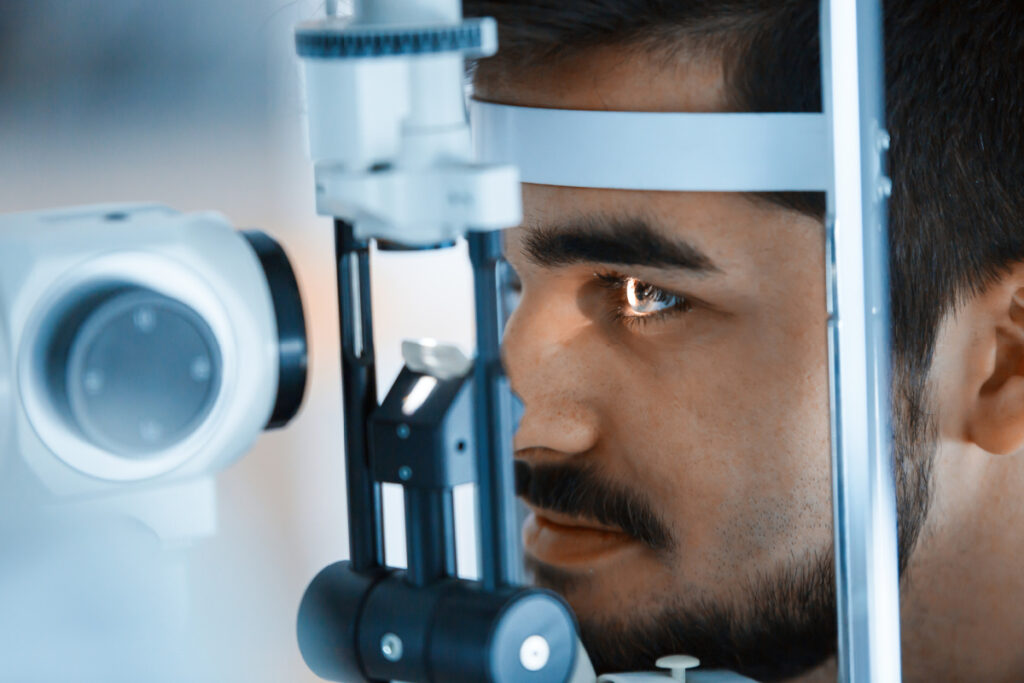 Male patient getting an eye examination in an ophthalmological clinic